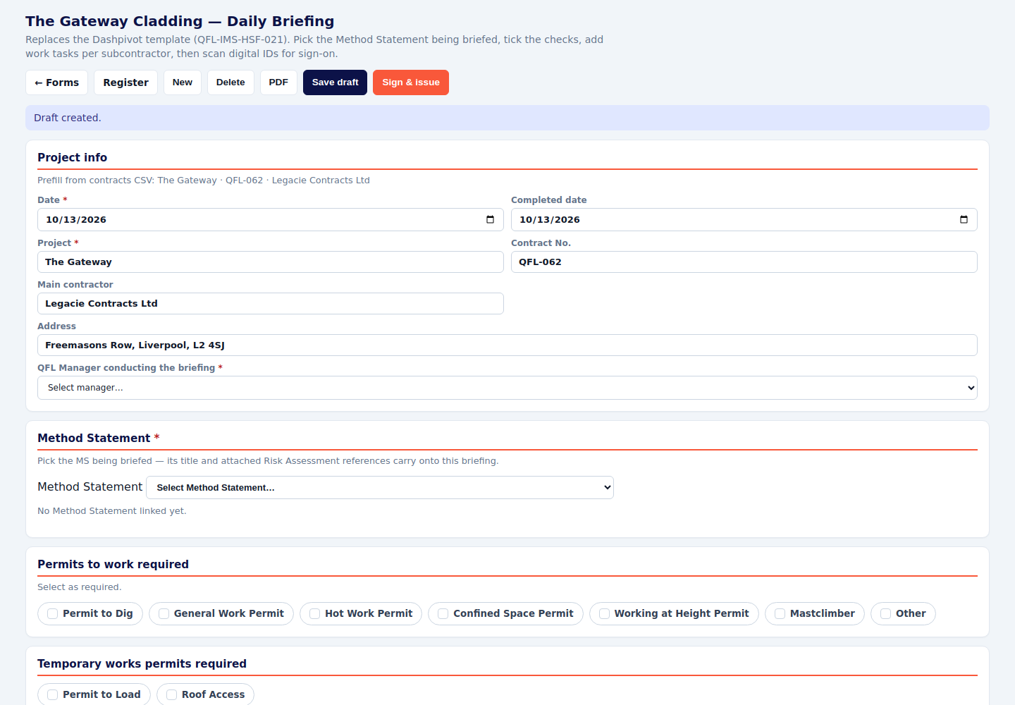 Daily briefing with project information and a method statement picker