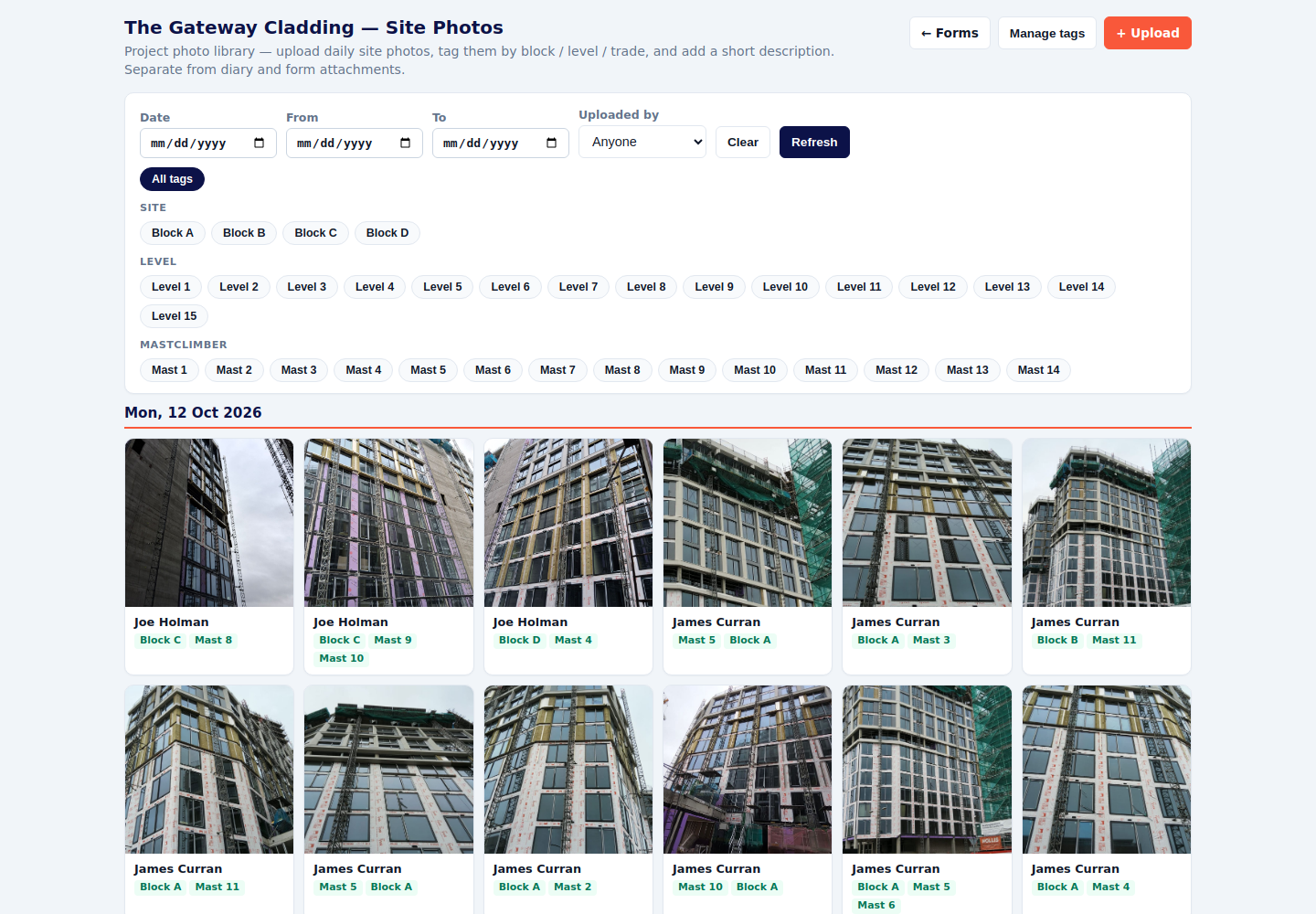 Site photo library with block, level and mast filters and uploaded photos