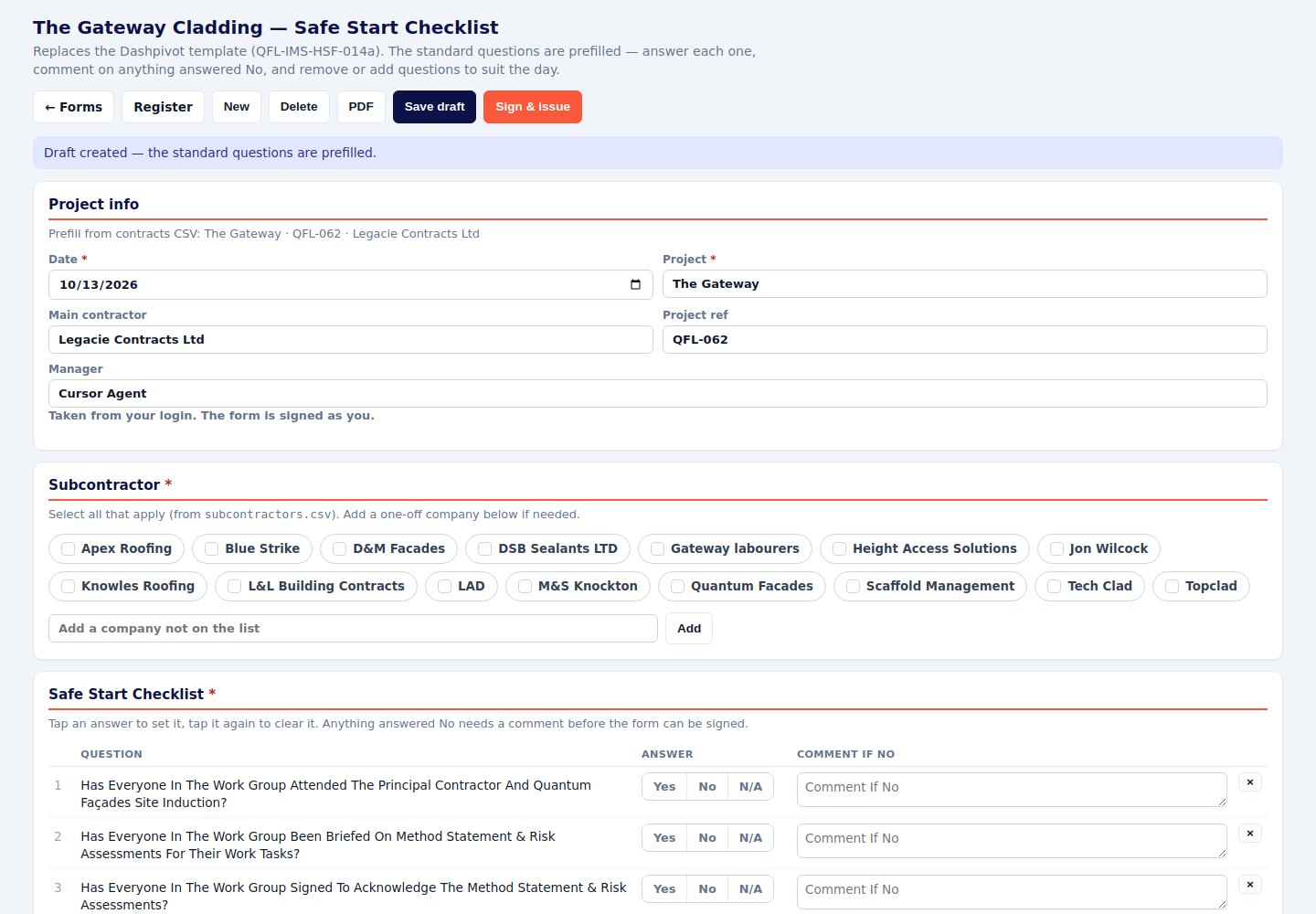 Safe start checklist with project information and the start of the questions